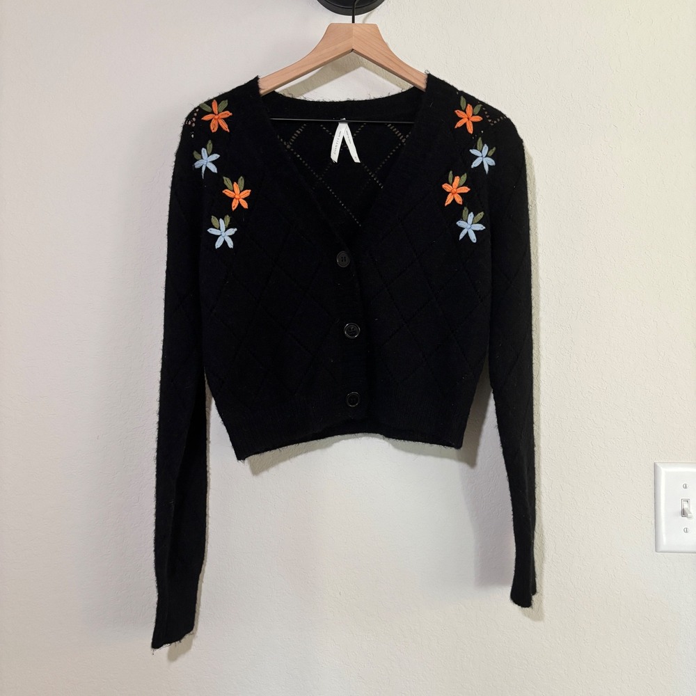 Dreamers by Debut Cardigan S/M Embroidered Floral Pointelle Black Cottagecore